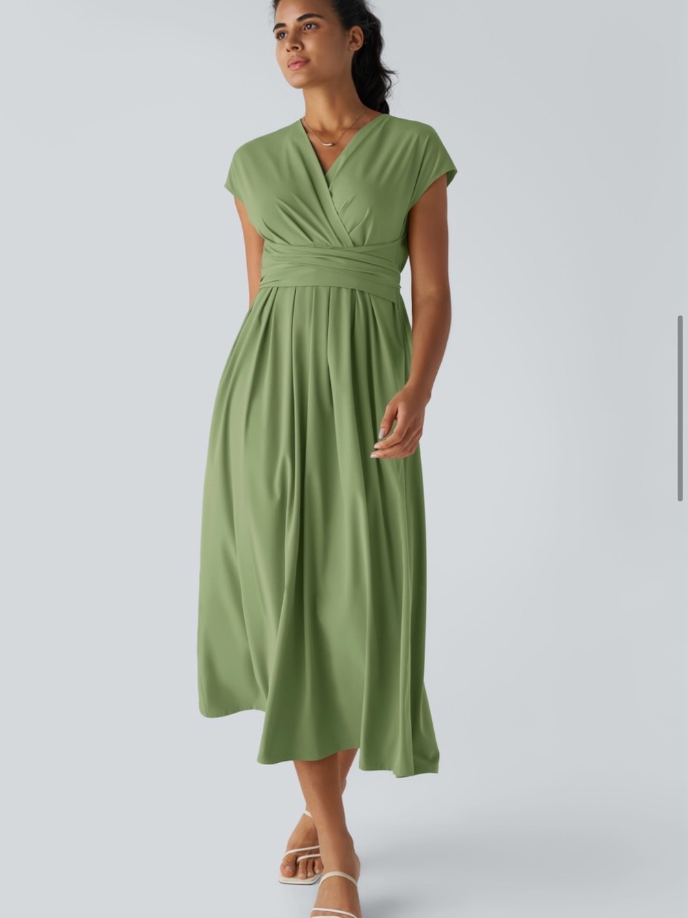 Olive Green Wrap-Front Midi Dress